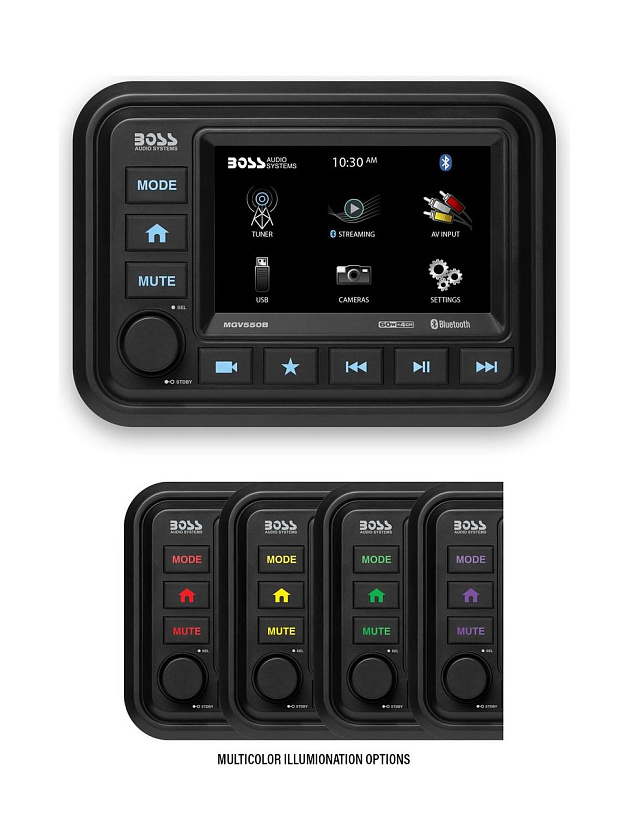 Морская магнитола BOSS Audio MGV550B с 5" сенсорным экраном, Bluetooth и видеовходами (влагозащита IPX6)