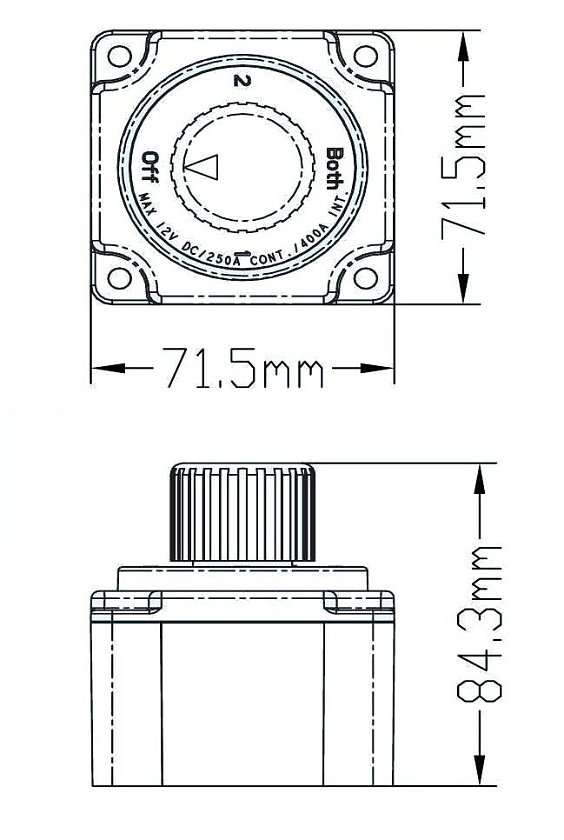 Выключатель массы ААА (Тайвань) для 2-х аккумуляторных батарей 12 / 24 В, OFF-1-BOTH-2 (2 АКБ) 250А (механический поворотный размыкатель ключ массы аккумулятора)