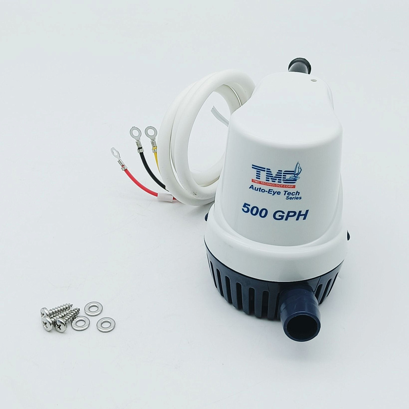 Автоматическая трюмная помпа TMC 24 вольта, 500GPH (1892.5 л/ч, до 2.5 м) для лодки /катера / яхты водооткачивающая, насос водяной трюмный электрический 24В осушительный для откачки воды на судне