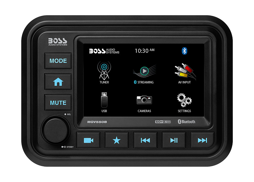Морская магнитола BOSS Audio MGV550B с 5" сенсорным экраном, Bluetooth и видеовходами (влагозащита IPX6)